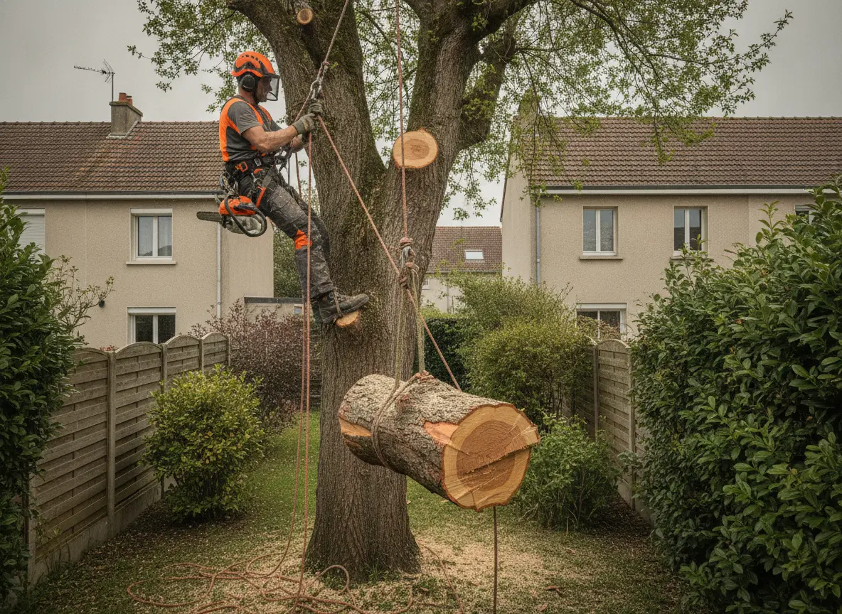Démontage d'un grand arbre par rétention dans un jardin nantais Doulon-Bottière