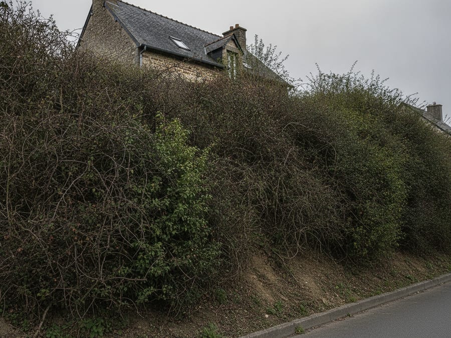 Talus envahi par prunelliers et troènes en bord de propriété à Rezé avant intervention