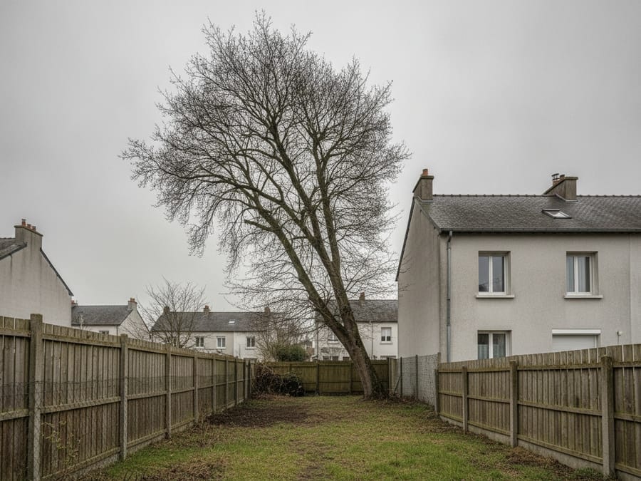 Frêne penché dangereux dans un jardin clôturé du quartier Doulon-Bottière à Nantes