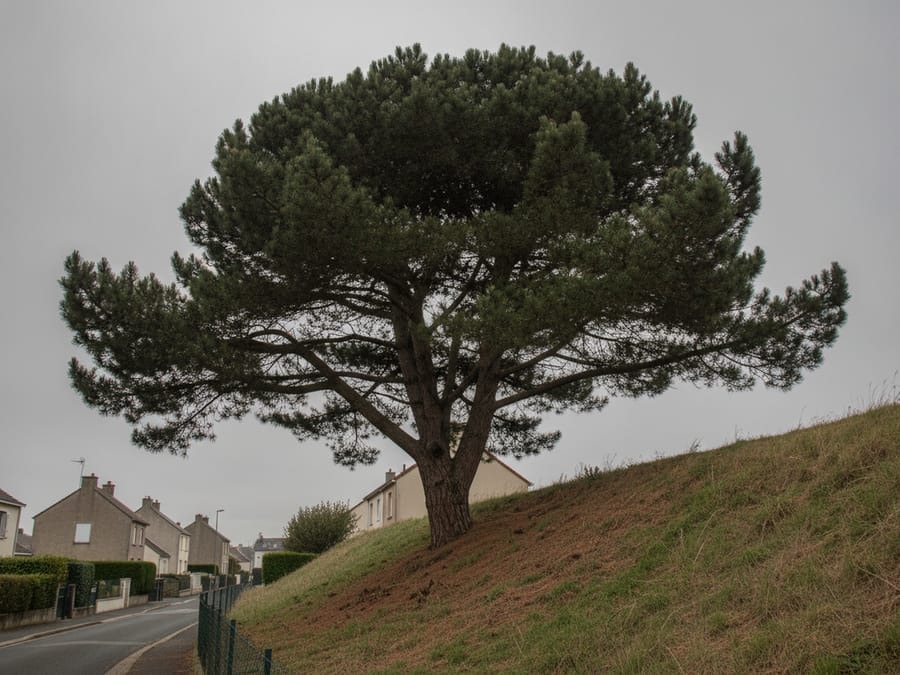 Pin maritime de 15 m sur talus Chantenay avant taille d'éclaircie Nantes