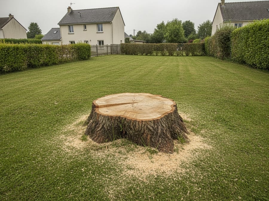 Grosse souche résiduelle d'un saule abattu dans un jardin à Carquefou Loire-Atlantique