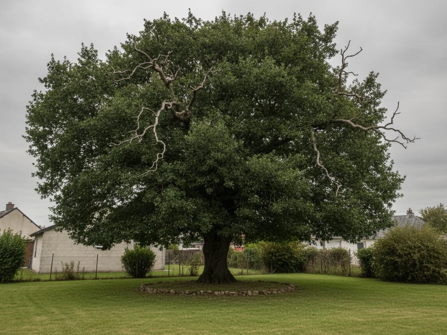 Grand chêne avec houppier dense et bois mort visible dans un jardin des Hauts-Pavés à Nantes