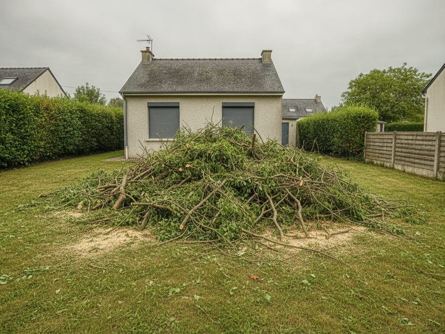 Jardin encombré de branches et branchages après abattage d'un grand arbre à Nantes
