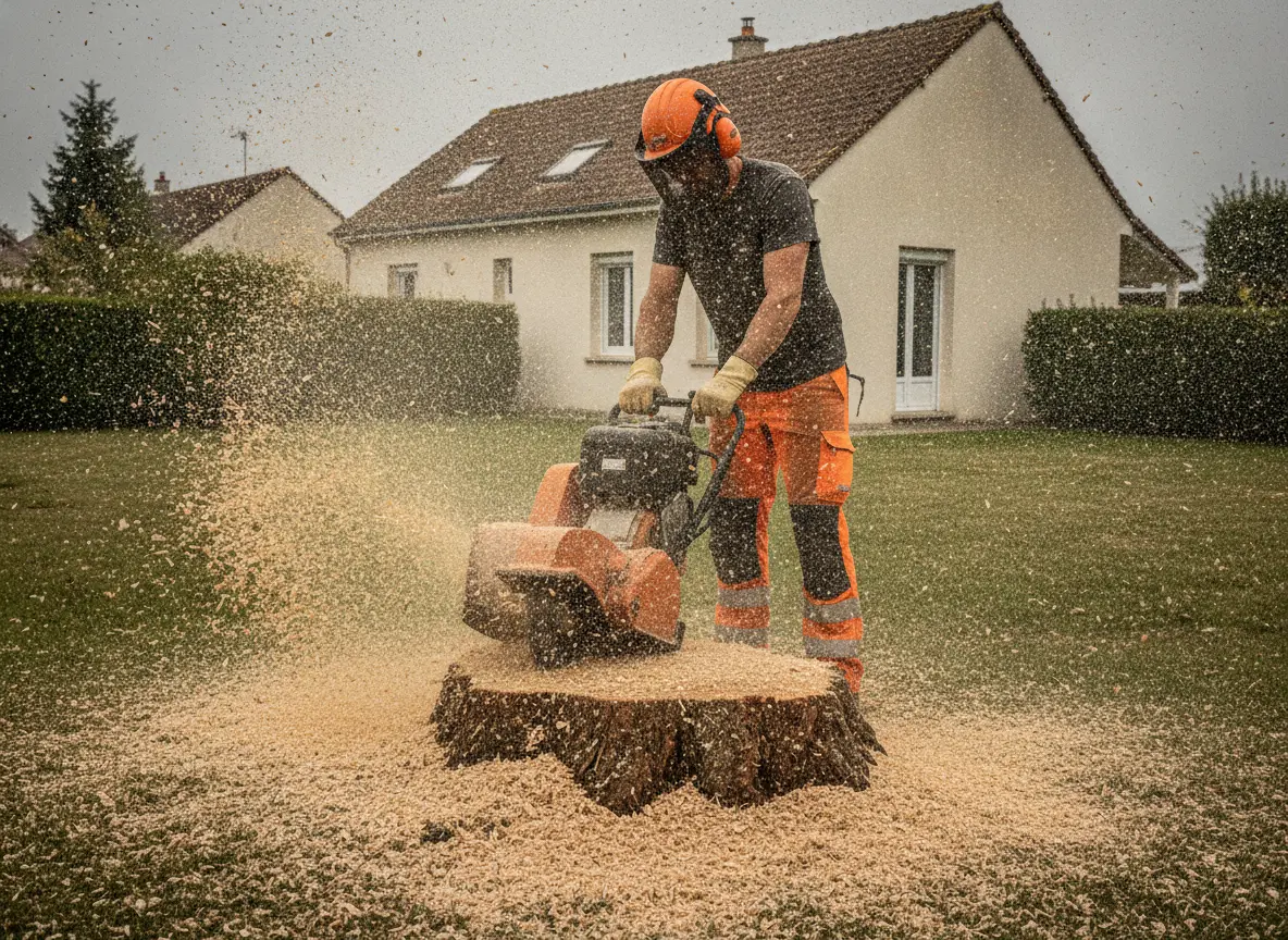 Rognage de souche à la rogneuse dans un jardin nantais après abattage d'arbre