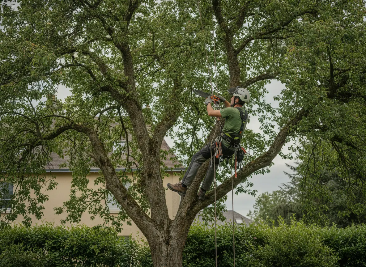 Élagueur grimpeur en action sur un grand arbre à Nantes quartier Chantenay