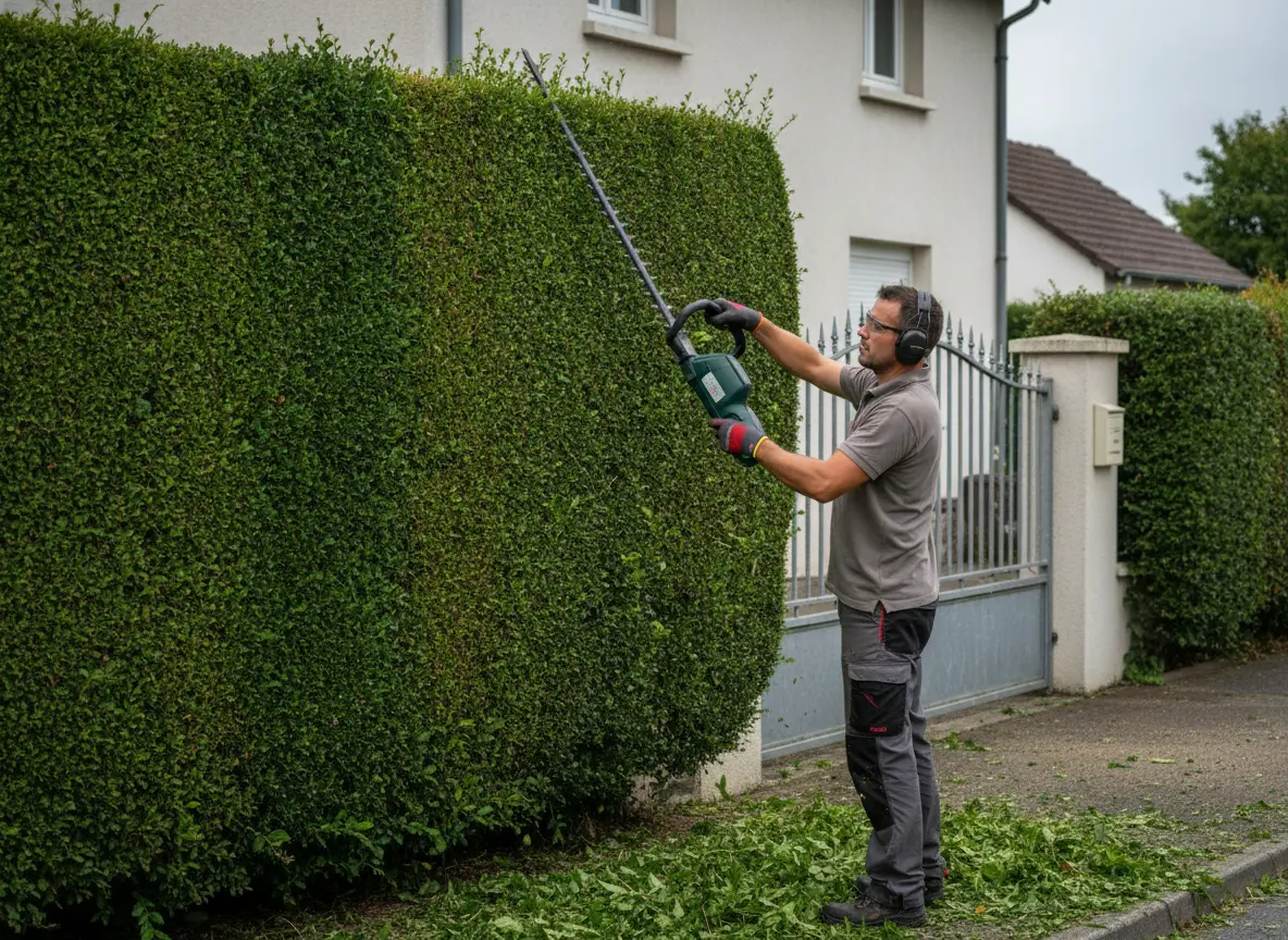 Taille de haie de lauriers dans un jardin pavillonnaire à Vertou